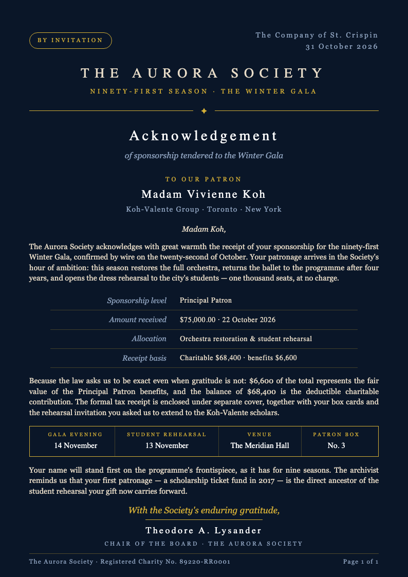 Midnight luxury acknowledgement letter